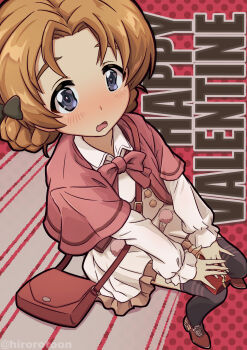 1girl alternate_costume bag black_boots black_thighhighs blue_eyes blush boots bow bowtie box braid capelet carrying collared_dress commentary dress ehirorotoon english_commentary english_text frown gift gift_box girls_und_panzer hair_bow handbag happy_valentine highres holding holding_gift long_sleeves on_bench open_mouth orange_hair orange_pekoe_(girls_und_panzer) parted_bangs pink_bow pink_bowtie pink_capelet red_shoes shoes short_dress sitting solo text_background thighhighs twin_braids twitter_username valentine wing_collar
