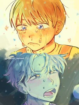 1boy age_progression aged_down blue_eyes blue_theme child commentary crying crying_with_eyes_open curtained_hair futsuu_no_keion-bu highres multiple_monochrome music portrait scene_reference search_sausouc short_hair singing split_screen sweat takami_kouki tears yellow_theme