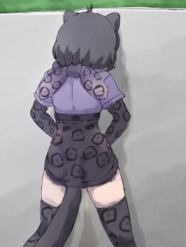 1girl absurdres against_wall animal_ears black_jaguar_(kemono_friends) highres kemono_friends peeing peeing_on_wall public_indecency solo standing tail wall y-san_(yoshino_yuuri)
