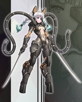 Rule 34 | 1girl, ahoge, alternate costume, alternate hairstyle, animal ears, armor, arms at sides, blue eyes, blunt bangs, bodysuit, braid, braided twintails, breasts, breasts apart, brown bodysuit, cat ears, closed mouth, commentary, cosplay, covered navel, dual wielding, english commentary, exoskeleton, eyepatch, full body, gradient hair, green hair, highres, holding, holding sword, holding weapon, indie virtual youtuber, katana, long legs, looking at viewer, mecha musume, mechanical ears, medium breasts, metal gear (series), metal gear solid 2: sons of liberty, mint fantome, mint fantome (minto 2.0), multicolored bodysuit, multicolored hair, power armor, skin tight, solidus snake, solidus snake (cosplay), solo, standing, substance20, sword, tentacles, thighs, twintails, two-tone bodysuit, virtual youtuber, weapon, white hair, zoom layer