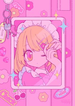 1girl absurdres arms_up blonde_hair bow carabiner closed_mouth dot_mouth flower_hairpin hair_between_eyes hair_ornament hairclip happy_(happi_illust) highres looking_at_mirror looking_at_viewer maid_headdress medium_hair mirror one_eye_closed original pink_bow pink_eyes portrait short_sleeves solo