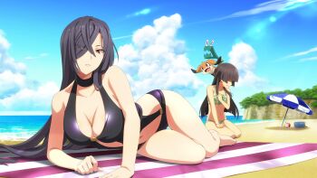 Rule 34 | 2girls, barefoot, beach, beach mat, beach umbrella, bikini, black bikini, black hair, blue sky, blunt bangs, breast envy, breasts, brown hair, cleavage, cloud, collarbone, creature, day, eyes visible through hair, game cg, green bikini, grin, hair over one eye, hime cut, juujou hiyori, large breasts, long hair, looking at viewer, lying, multiple girls, navel, nene (toji no miko), ocean, official art, on side, origami yukari, outdoors, parted lips, red eyes, sand, seiza, shaded face, sitting, sky, smile, solo focus, stomach, swimsuit, toji no miko, toji no miko: kizamishi issen no tomoshibi, umbrella, very long hair, water