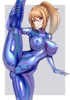 1girl blue_bodysuit blue_eyes bodysuit breasts closed_mouth commentary covered_erect_nipples curvy english_commentary high_ponytail highres large_breasts large_variant_set long_hair looking_at_viewer metroid nintendo no_mole ponytail samus_aran skin_tight smile solo split standing standing_on_one_leg standing_split thighs variant_set very_long_hair volyz zero_suit