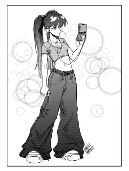 1girl absurdres alternate_costume artist_name baggy_pants belt blowing_bubble_gum breasts cellphone chewing_gum commentary crop_top cropped_shirt facial_mark flip_phone game_boy_advance game_boy_advance_sp greyscale handheld_game_console headphones highres holding holding_handheld_game_console holding_phone jewelry long_hair midriff monochrome motorola_razr mrmiguelart navel necklace neon_genesis_evangelion pants phone playing_games shirt shoes signature small_breasts sneakers solo souryuu_asuka_langley star_(symbol) t-shirt twintails y2k_fashion