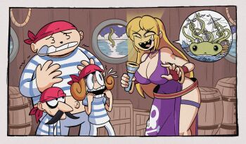 >:) 2boys 2girls arm_tattoo bandana barrel belt blonde_hair bracelet breasts cleavage crate dress evil_smile fatal_fury fingerless_gloves flashlight garou:_mark_of_the_wolves giant_squid gloves highres holding holding_flashlight b._jenet jewelry kevin_arthur large_breasts long_hair multiple_boys multiple_girls open_mouth pirate pirate_ship porthole purple_dress scared sharp_teeth ship shirt smile snk spoken_animal squid storage_room striped_clothes striped_shirt tattoo teeth tentacles the_king_of_fighters thigh_strap watercraft