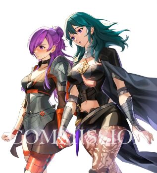 2girls armor asymmetrical_clothes bikini_boody black_armor blue_eyes blue_hair blush bodice breasts bustier byleth_(fire_emblem) cape choker cleavage closed_mouth clothing_cutout dagger female_byleth_(fire_emblem) female_shez_(fire_emblem) fire_emblem fire_emblem:_three_houses fire_emblem_warriors:_three_hopes hair_between_eyes hair_bun hair_over_one_eye highres holding_hands knife long_hair medium_breasts medium_hair multiple_girls navel navel_cutout nintendo pantyhose pantyhose_under_shorts patterned_legwear print_pantyhose purple_eyes purple_hair shorts simple_background single_hair_bun weapon yuri
