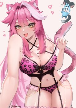 1girl :3 absurdres adammaarr animal_ears animal_print black_bow black_garter_belt blush bow bow_bra bra breasts chattino_(raora_panthera) cleavage collarbone commentary fang fingernails frilled_bra frills garter_belt glint gyaru_garter_lingerie_set hair_intakes heart highres hololive hololive_english large_breasts leaning_to_the_side leopard_print leopard_print_bra leopard_print_panties long_hair multicolored_hair nail_polish navel open_mouth panther_ears panther_girl panther_tail panties pink_background pink_bra pink_hair pink_nails pink_panties print_bra print_panties pulling_own_clothes raora_panthera skin_fang smile stomach strap_pull streaked_hair tail thighs twitter_username underwear virtual_youtuber yellow_eyes