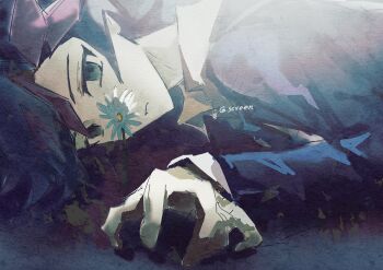 1boy bad_anatomy bad_hands black_coat bleeding blood blood_on_ground blue_hair blue_necktie close-up coat colored_bangs dappled_sunlight dress_shirt empty_eyes facing_down flower fujiki_yusaku green_eyes hand_on_ground highres implied_murder injury looking_ahead lying male_focus muted_color necktie on_ground on_stomach open_clothes open_coat screen0624 shirt sketch spiked_hair sunlight turning_head twitter_username white_flower white_shirt yu-gi-oh! yu-gi-oh!_vrains