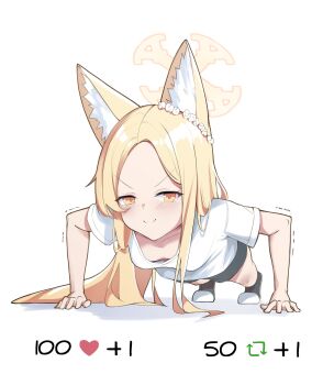 >:) 1girl absurdres all_fours alternate_costume animal_ear_fluff animal_ears black_shorts blonde_hair blue_archive blush breasts closed_mouth clover_dot_(clov_erd) commentary downblouse doyagao exercising flower_wreath forehead foreshortening fox_ears fox_girl gym_shirt gym_uniform hair_over_shoulder halo head_wreath highres long_hair looking_at_viewer parted_bangs push-ups seia_(blue_archive) shirt short_sleeves shorts simple_background small_breasts smile smug solo split_mouth trembling v-shaped_eyebrows white_background white_shirt yellow_eyes yellow_halo