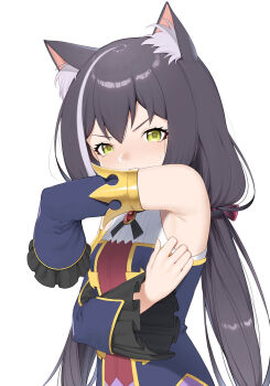 1girl 9nojo animal_ear_fluff animal_ears arm_up armpits bare_shoulders black_hair blush bow cat_ears cat_girl detached_sleeves female_focus frilled_sleeves frills gem hair_bow highres karyl_(princess_connect!) long_hair long_sleeves looking_at_viewer low_twintails multicolored_clothes multicolored_hair princess_connect! purple_bow red_gemstone simple_background solo streaked_hair twintails upper_body v-shaped_eyebrows very_long_hair white_background white_hair
