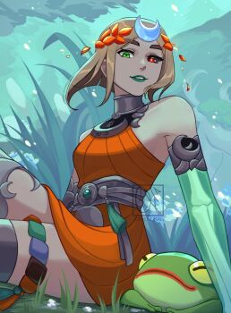 1girl ancient_greek_clothes animal artist_name black_sclera blonde_hair bone caminukai colored_sclera commentary dress english_commentary floating_hair frog grass greco-roman_clothes green_eyes green_lips grin hades_(series) hades_2 heterochromia highres laurel_crown lips lipstick looking_at_viewer makeup melinoe_(hades) mismatched_sclera orange_dress red_eyes short_hair signature sitting sleeveless sleeveless_dress smile