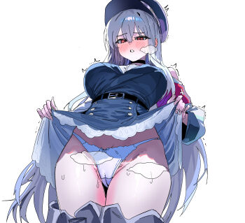 1girl absurdres armband black_hat blush boots breasts cameltoe clothes_lift commentary dress dress_lift girls&#039;_frontline grey_hair hat heavy_breathing highres kar98k_(girls&#039;_frontline) large_breasts long_hair looking_at_viewer panties peaked_cap pubic_hair pubic_hair_peek red_armband red_eyes ruppu simple_background steaming_body thigh_boots underwear white_background white_mouth white_panties
