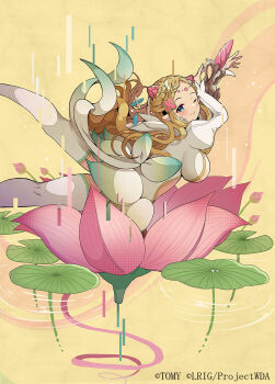 1girl blonde_hair blue_eyes closed_mouth copyright_notice dress flower highres kei_s01 long_hair looking_at_viewer official_art one_eye_closed sashe_(wixoss) smile solo thighhighs white_dress white_thighhighs wixoss