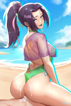 Rule 34 | 1boy, 1girl, absurdres, ass, back cutout, beach, black lips, blue eyes, blue sky, blurry, blurry background, breasts, clothed sex, clothing cutout, commentary, cum, cum on ass, cum on body, earrings, english commentary, facial mark, green one-piece swimsuit, hair ribbon, happy sex, hetero, highres, jacket, jewelry, looking at viewer, looking back, marvel, marvel rivals, medium breasts, ocean, official alternate costume, one-piece swimsuit, outdoors, palm tree, parted bangs, pink ribbon, ponytail, psylocke, psylocke (breezy butterfly), purple hair, purple jacket, ribbon, see-through clothes, see-through jacket, sex, sky, smile, solo focus, swimsuit, tackery, tree, water, x-men