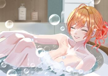 Rule 34 | 1girl, absurdres, air bubble, bathing, bathtub, blurry, blurry background, breasts, bubble, cleavage, closed eyes, collarbone, commentary request, dhbwinner, grin, highres, hololive, hololive dev is, ichijou ririka, in bathtub, large breasts, legs up, lips, nude, orange hair, partially submerged, smile, soap bubbles, solo, teeth, virtual youtuber, water, wet