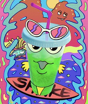 3boys adult_swim aqua_teen_hunger_force artist_name ben-day_dots black_eyes cartoon_network colorful cup disposable_cup drinking_straw eyewear_on_head frylock gloves goggles highres looking_at_viewer master_shake meatwad melon_soda multiple_boys no_humans nonnon_(0nonnon0) screentones scuba smile soda solo summer sunglasses surfboard surfing thong water waves wavy_background yellow_gloves