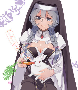 1girl animal black_dress black_veil bow braid breasts carrot cleavage cleavage_cutout closed_mouth clothing_cutout commentary_request danmachi_memoria_freese dress dungeon_ni_deai_wo_motomeru_no_wa_machigatteiru_darou_ka eating feeding feeding_animal flipped_sidelocks grey_eyes grey_hair hair_bow hair_over_shoulder highres holding holding_animal holding_carrot holding_rabbit long_hair looking_down low_twin_braids medium_breasts momoyama_hinase purple_bow rabbit signature smile solo syr_flover translation_request twin_braids two-tone_dress veil white_dress white_rabbit_(animal)