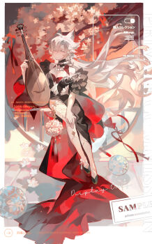 1girl animal_ear_fluff animal_ears bare_legs bare_shoulders black_dress breasts china_dress chinese_clothes dress flower full_body hair_between_eyes highres holding holding_instrument instrument liulianjingrua long_hair original pipa_(instrument) ribbon sitting solo tassel very_long_hair white_hair wolf_ears