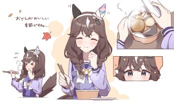 &gt;_&lt; 1girl animal_ears auklet5580 blush bowl breasts brown_hair chopsticks closed_eyes commentary_request curren_bouquetd&#039;or_(umamusume) eating food hair_between_eyes hair_ornament hairband highres horse_girl leaf looking_at_viewer open_mouth school_uniform small_breasts smile sparkle tracen_school_uniform translation_request umamusume white_background