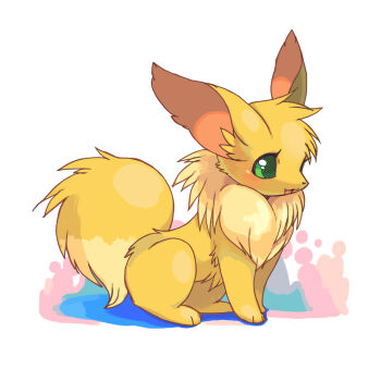 Rule 34 | :3, animal focus, blush, commentary request, eevee, fluffy, full body, gen 1 pokemon, green eyes, light blush, nintendo, no humans, open mouth, pokemon, pokemon (creature), pokemon focus, simple background, sitting, smile, solo, suppainu, white background