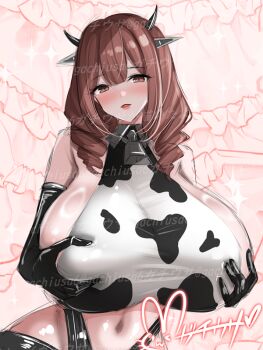 1girl animal_print azur_lane bell black_gloves blush breasts brown_eyes brown_hair commentary_request cow_print cowbell cowpens_(azur_lane) drill_hair elbow_gloves gloves grabbing_own_breast hisin huge_breasts looking_at_viewer medium_hair neck_bell parted_lips signature solo upper_body