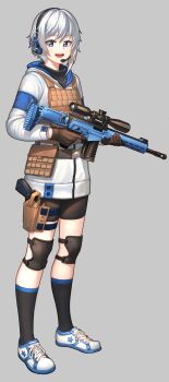 1girl absurdres ahd battle_rifle belt belt_pouch black_shirt black_socks blue_eyes brown_gloves brown_shorts bulletproof_vest female_focus full_body gloves grey_background gun handgun headset highres holding holding_gun holding_weapon holster hood hood_down hooded_jacket jacket knee_pads kneehighs legs_apart long_sleeves looking_at_viewer open_mouth original pistol pouch riffle rifle scope shirt shoes short_hair shorts silver_hair simple_background smile sneakers sniper socks solo standing thigh_holster trigger_discipline undershirt weapon