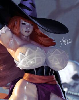1girl armpits artist_name artnip bare_shoulders breasts cleavage curvy detached_sleeves dragon&#039;s_crown dress hat huge_breasts large_breasts lips long_hair looking_at_viewer nose realistic shiny_skin signature smile solo sorceress_(dragon&#039;s_crown) strapless strapless_dress thick_thighs thighs witch witch_hat