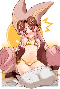 1girl absurdres baggy_pants bare_shoulders bikini blush boots breasts brown_boots buttons fate/grand_order fate_(series) gold_bikini habetrot_(fate) hat highres hisame_genta jacket loli long_hair long_sleeves looking_at_viewer navel off_shoulder pants pink_hair pink_hat pink_jacket pointy_ears red_eyes sidelocks small_breasts solo swimsuit undressing white_pants