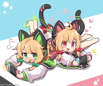 2girls animal_ear_headphones animal_ears annoyed barefoot blonde_hair blue_archive bow cat_ear_headphones cat_ears cat_tail commentary_request dokuta fake_animal_ears fake_tail full_body green_bow green_eyes green_halo hair_bow halo handheld_game_console headphones highres holding holding_handheld_game_console hood hood_down hooded_jacket jacket long_sleeves lying lying_on_another medium_hair midori_(blue_archive) momoi_(blue_archive) multiple_girls nintendo_switch on_stomach open_mouth pink_eyes pink_halo puff_of_air red_bow siblings sisters smile tail tail_bow tail_ornament twins v-shaped_eyebrows white_jacket