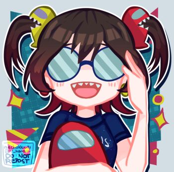 1girl amogus_girl among_us blush borrowed_character brown_hair character_ear_piercing character_hair_ornament clothes_writing commentary crewmate_(among_us) english_commentary glasses hair_ornament impostor_(among_us) jimiko long_hair open_mouth otra_hana round_eyewear sharp_teeth shirt short_twintails teeth twintails twitter_username