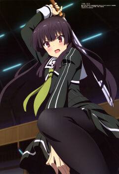 Rule 34 | 10s, 1girl, absurdres, black pantyhose, black shirt, blouse, copyright name, female focus, from below, green neckerchief, highres, holding, holding sword, holding weapon, indoors, juujou hiyori, juujuu hiyori, long hair, miniskirt, neckerchief, official art, pantyhose, school uniform, shirt, skirt, solo, sword, toji no miko, very long hair, weapon