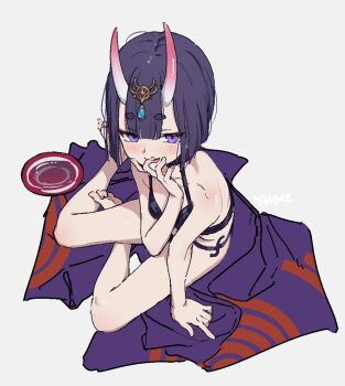 1girl alcohol barefoot blush breasts cup fate/grand_order fate_(series) horns looking_at_viewer oni purple_eyes purple_hair sakazuki sake short_hair shuten_douji_(fate) sitting sketch skin-covered_horns small_breasts smile solo unworn_kimono yokozuwari yutokamizu