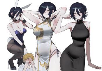 1boy 1girl absurdres alternate_costume animal_ear_hairband animal_ears armpits arms_up black_choker black_dress black_hair blonde_hair blush breasts chainsaw_man china_dress chinese_clothes choker cleavage commentary dancing denji_(chainsaw_man) dress english_commentary fake_animal_ears green_eyes hair_over_one_eye hairband highres large_breasts leotard multiple_views pantyhose playboy_bunny purple_leotard rabbit_ear_hairband rabbit_ears ratatatat74 reze_(chainsaw_man) simple_background white_background white_dress