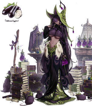 1girl absurdres book book_stack breasts hat highres long_hair original personification potion reference_inset rinotuna treasure_chest underboob witch_hat