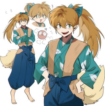 +++ 1boy :d animal_feet blue_hakama bow brown_hair chibi closed_mouth commentary crossed_arms fang fox_boy fox_tail gkswna33 green_eyes hair_bow hair_tie hakama highres inuyasha japanese_clothes korean_commentary long_hair long_sleeves multiple_views open_mouth shippou_(inuyasha) simple_background smile tail vest white_background