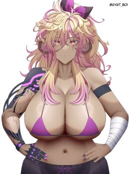 1girl animal_ears bandaged_arm bandages blonde_hair bra breasts cleavage closed_mouth cyborg dark-skinned_female dark_skin gyat_boi hands_on_own_hips highres huge_breasts indie_virtual_youtuber koko_d._nuts long_hair mechanical_arms mole mole_on_breast monkey_ears monkey_girl multicolored_hair navel pink_bra pink_eyes pink_hair shorts sidelocks single_mechanical_arm solo underwear virtual_youtuber