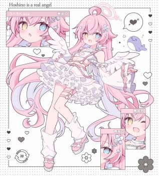 1girl ahoge angel_wings bandaid bandaid_hair_ornament bare_shoulders belt belt_collar blue_archive blue_eyes blush collar colored_inner_hair commentary_request cross cross_print dotted_background english_text fang feathered_wings frilled_skirt frills full_body hair_ornament halo harness heart heart-shaped_pupils heterochromia highres hoshino_(blue_archive) kurun_(kurun777) layered_skirt leg_warmers long_hair long_sleeves midriff multicolored_hair multiple_views o-ring o-ring_harness open_mouth pink_belt pink_hair pink_halo purple_hair skin_fang skirt sleeves_past_wrists smile speech_bubble standing standing_on_one_leg star_(symbol) star_hair_ornament symbol-shaped_pupils thigh_strap very_long_hair white_belt white_collar white_skirt wings x_hair_ornament yellow_eyes