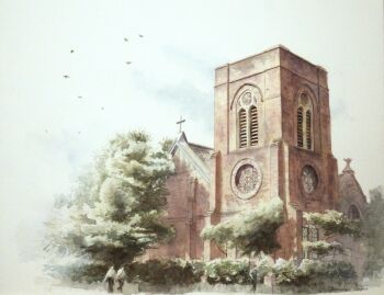 absurdres building bush church commentary_request cross day flock highres original outdoors painting_(medium) people signature simple_bird sky tominaga_hayato traditional_media tree watercolor_(medium)