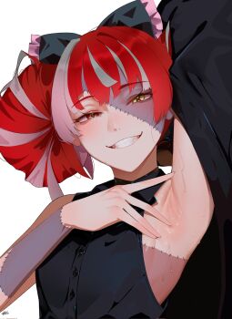1girl aou13093 arm_up armpit_focus armpits bare_shoulders black_jacket black_shirt blush bow colored_skin commentary commission corrupted_twitter_file dated double_bun english_commentary flat_chest grey_hair grey_skin grin hair_bow hair_bun heterochromia highres hololive hololive_indonesia jacket kureiji_ollie long_hair looking_at_viewer multicolored_hair multicolored_skin patchwork_skin red_eyes red_hair second-party_source shirt signature simple_background sleeveless sleeveless_shirt smile solo spread_armpit stitched_arm stitched_face stitched_torso stitches sweat symbol-shaped_pupils two-tone_skin upper_body virtual_youtuber white_background x-shaped_pupils yellow_eyes zombie