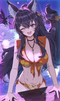 absurdres animal_ears bare_shoulders black_hair breasts delta_(kage_no_jitsuryokusha_ni_naritakute!) hair_between_eyes highres kage_no_jitsuryokusha_ni_naritakute! kage_no_jitsuryokusha_ni_naritakute!_master_of_garden large_breasts matsumoto_yuu navel one_eye_closed ponytail purple_eyes swimsuit thighs wolf_ears
