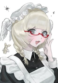 1girl adjusting_eyewear apron blunt_bangs bow brown_eyes collared_shirt commentary emu_1040 feathered_wings hand_up hat hat_bow head_wings highres long_sleeves looking_at_viewer maid mob_cap open_mouth original red-framed_eyewear semi-rimless_eyewear shirt smile solo stuffed_animal stuffed_rabbit stuffed_toy symbol-only_commentary wings wrist_cuffs
