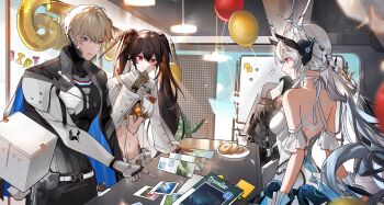 2boys 2girls absurdres back back_tattoo balloon black_hair blonde_hair breasts ceiling_light cino_(cappuccino) closed_mouth coffee_mug commandant_(pgr) commentary cup donut double-parted_bangs floating_headgear food frilled_cuffs hair_between_eyes hand_up headgear highres indoors lee:_hyperreal_(pgr) lee_(pgr) liv:_limpidity_(pgr) liv_(pgr) long_hair looking_at_object lucia:_pyroath_(pgr) lucia_(pgr) magazine_(object) mechanical_arms medium_breasts mug multiple_boys multiple_girls navel number_balloon parted_lips picture_frame plant plate pointing punishing:_gray_raven red_eyes sitting sleeping standing sticky_note stomach table taped_note tattoo thinking twintails white_hair white_wrist_cuffs whiteboard wrist_cuffs