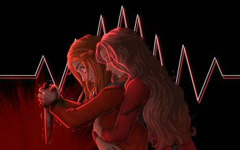 2girls blood bloody_weapon brown_hair closed_eyes commentary diana_(kyokugen_dasshutsu) english_commentary eyelashes from_side gift_art highres holding holding_knife holding_weapon hug hug_from_behind knife kyokugen_dasshutsu long_hair long_sleeves mira_(kyokugen_dasshutsu) multiple_girls orange_hair renetess-a second-party_source smile spoilers trembling upper_body weapon yuri zero_escape:_toki_no_dilemma