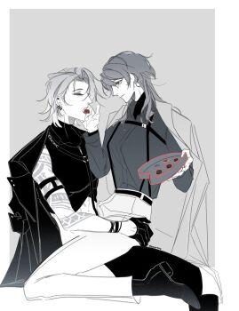 2girls arm_tattoo artist_name blush box box_of_chocolates chief_(path_to_nowhere) closed_eyes closed_mouth coat coat_on_shoulders collared_shirt crop_top ear_piercing earrings feeding female_chief_(path_to_nowhere) gloves greyscale hand_on_another&#039;s_waist heart-shaped_box highres holding holding_box jewelry long_hair medium_hair monochrome multiple_girls owaarumo pants path_to_nowhere piercing shirt shoes sitting sitting_on_lap sitting_on_person sleeveless sleeveless_shirt smile tattoo yuri zoya_(path_to_nowhere)