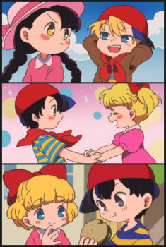 Rule 34 | 3boys, 3girls, :t, ana (mother), arms behind head, baseball cap, black border, black hair, blonde hair, blue eyes, border, bow, braid, burger, commentary request, dress, duplicate, eating, food, freckles, green eyes, hair bow, hat, highres, holding hands, ken (mother), long hair, looking at another, looking back, mahoujin guruguru, mother (series), mother 1, mother 2, multiple boys, multiple girls, neckerchief, ness (mother 2), ninten, nintendo, parody, paula (mother 2), pink dress, pixel-perfect duplicate, red neckerchief, short hair, short twintails, sun hat, twin braids, twintails, ukata, v-shaped eyebrows, yellow eyes
