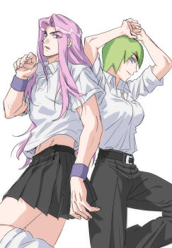1boy 1girl alternate_breast_size arms_up black_pants black_skirt blue_eyes breasts commentary crossdressing eyes_visible_through_hair foo_fighters_(jojo) green_hair jeonjin_(mynamebazin) jojo_no_kimyou_na_bouken large_breasts long_hair loose_socks miniskirt narciso_anasui pants pink_eyes pink_hair pleated_skirt short_hair skirt sleeves_rolled_up socks stone_ocean symbol-only_commentary white_socks wristband