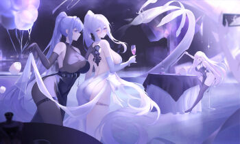 5girls absurdres alcohol alternate_costume alternate_hairstyle anchor_pendant anchorage_(azur_lane) android ass azur_lane baby_animal backless_dress backless_outfit balloon bare_shoulders belt bird black_belt black_bodystocking black_dress black_gloves black_shoes black_thighhighs blue_eyes blue_hair blurry blurry_background blurry_foreground blush bodystocking bracelet breasts brown_hair cellphone center_opening champagne champagne_flute chick cityscape cleavage cocktail_dress commentary covered_navel cowl_neck cup dessert dress drinking_glass drunk elbow_gloves english_commentary essex_(azur_lane) essex_(craft_fairytail)_(azur_lane) evening_gown feet_out_of_frame food gloves glowing glowing_eyes hair_between_eyes halter_dress halterneck high_heels highres holding holding_balloon jewelry kearsarge_(azur_lane) large_breasts lifting_another's_clothes long_hair manjuu_(azur_lane) mechanical_spine multiple_girls necklace new_jersey_(azur_lane) nk_mmx o-ring_dress official_alternate_costume on_stool open_mouth outdoors pantyhose parted_lips phone plunging_neckline pointy_ears ponytail purple_eyes red_eyes revealing_clothes sculpture shoes side_slit sideless_dress sidelocks sitting skindentation sleeveless sleeveless_dress smartphone smile sparkle subdermal_port table tablecloth taking_picture thigh_strap thighhighs thighs twintails very_long_hair white_dress white_gloves white_hair