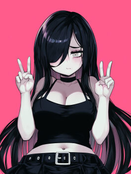 Rule 34 | 1girl, aria wintermint, belt, black belt, black choker, black hair, black skirt, breasts, choker, cleavage, collarbone, crop top, double v, goth fashion, green eyes, hair over one eye, highres, large breasts, long hair, midriff, navel, negative frames, original, parororo, pink background, simple background, skirt, solo, the crawling city, third-party source, v