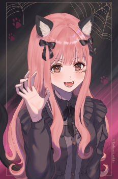absurdres animal_ear_fluff animal_ears black_background black_bow black_bowtie bow bowtie breasts brown_eyes buttons cat_ears claw_pose collared_shirt commentary_request eyelashes facepaint fangs fingernails frilled_shirt frills grey_shirt hair_bow highres kohanai_setsuna long_hair long_sidelocks long_sleeves looking_at_viewer lower_teeth_only nikki_(nikki) nikki_(series) open_mouth palms paw_print pink_background pink_hair puffy_long_sleeves puffy_sleeves sharp_fingernails shining_nikki shirt sidelocks silk small_breasts smile spider_web tareme teeth twitter_username two-tone_background very_long_hair wavy_hair