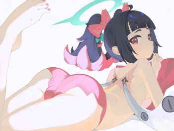 1girl ass back bare_legs barefoot black_hair bow candy colored_inner_hair commentary_request feet food food_in_mouth from_behind green_bow hair_bow hair_ornament halo highres holding holding_candy holding_food holding_lollipop kattowu leg_up lollipop lollipop_in_mouth looking_at_viewer lying multicolored_hair nangong_yu on_stomach panties pink_hair pink_nails pink_panties red_eyes scar scar_on_back scarf simple_background solo toes twintails underwear white_background white_wings wings zenless_zone_zero